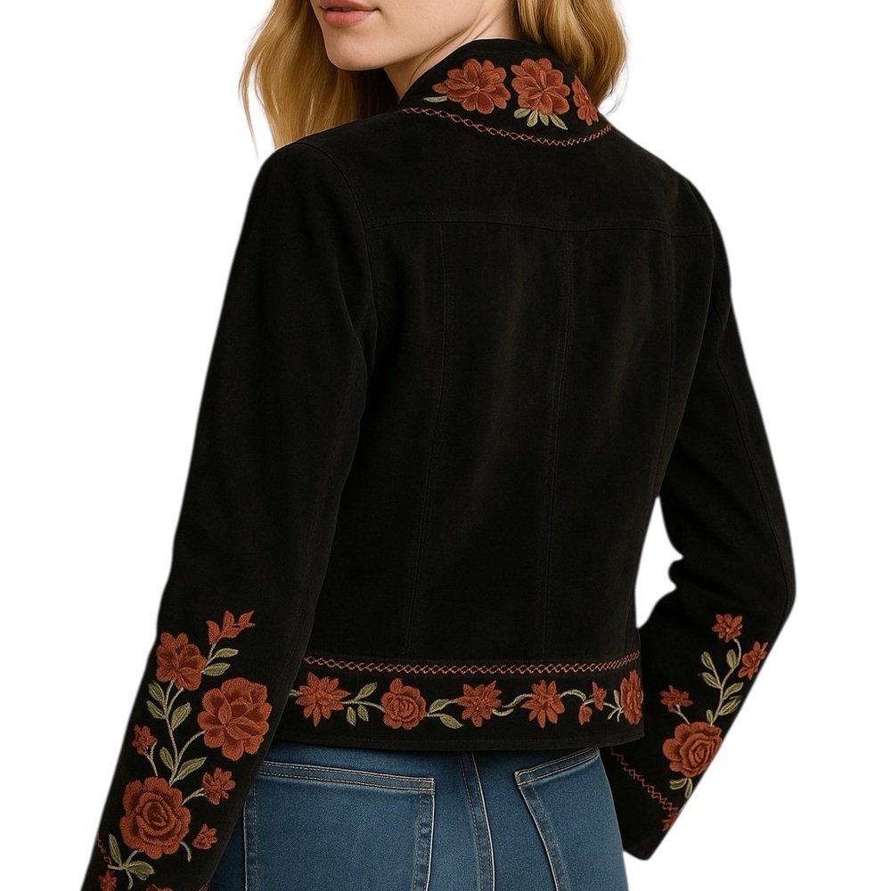 Double D Ranch Twila Black Suede/LeatherJacket with Red Floral Embroidery - Picture 2 of 12